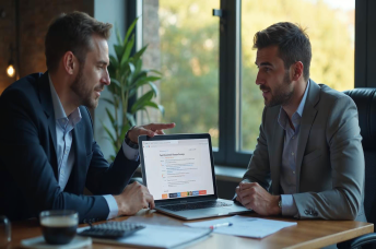 Two entrepreneurs reviewing a domain name negotiation at a modern workspace